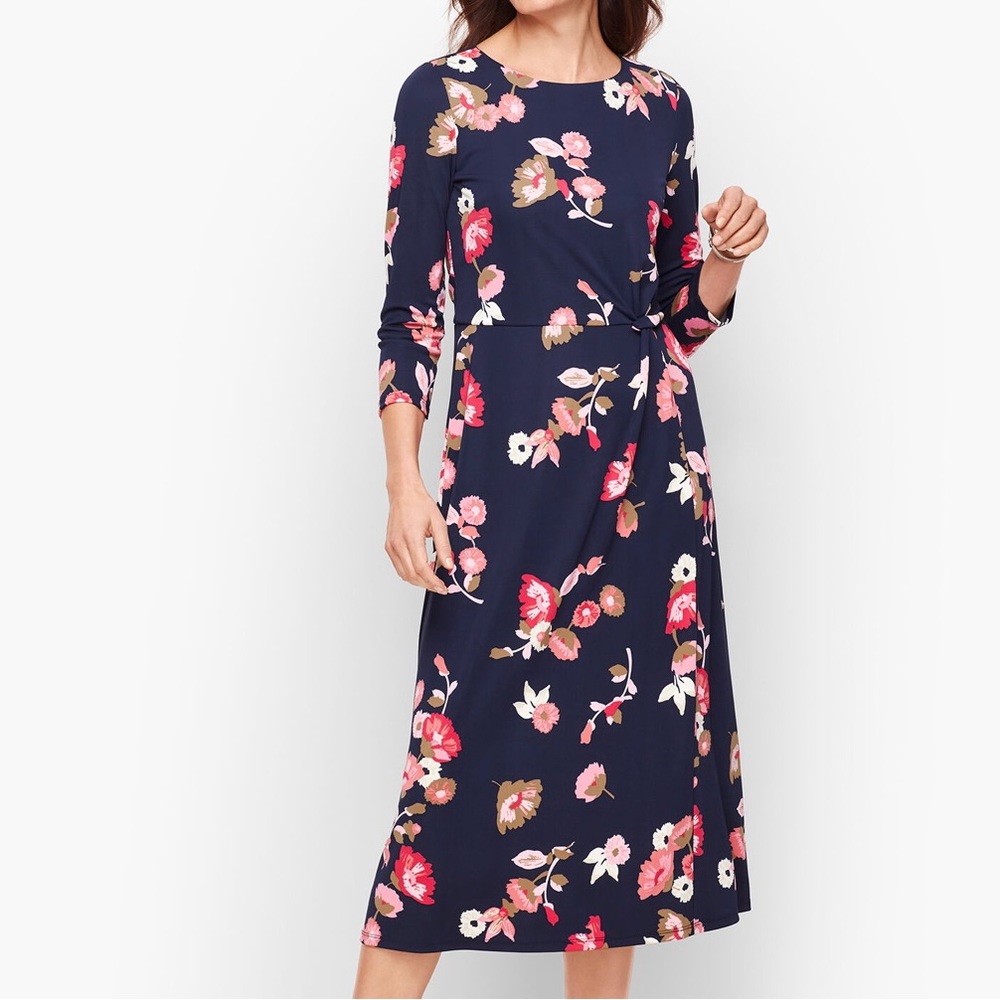 Talbots Fit & Flare Floral Jersey Dress Navy Cinched Side 4 Petite